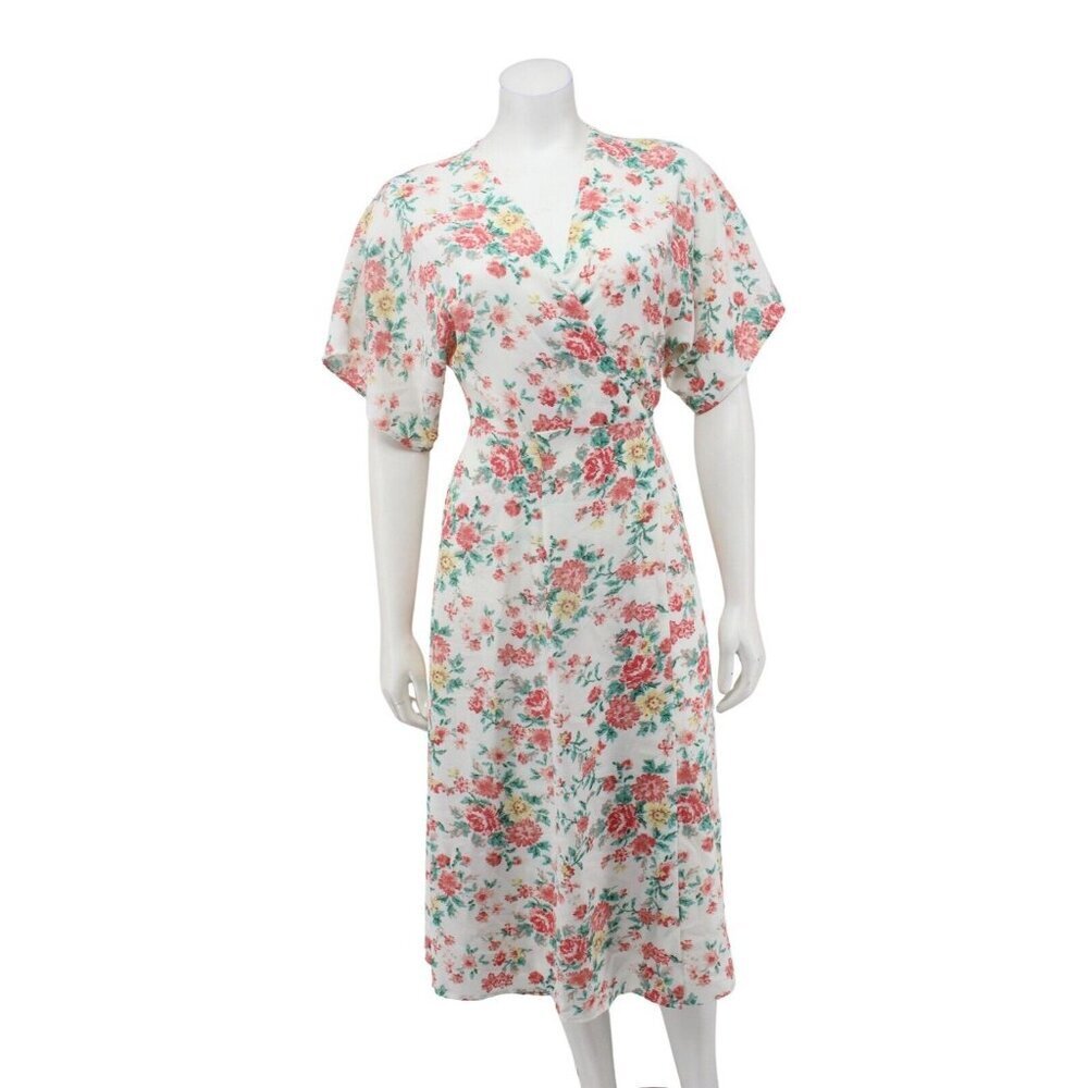 1 State Dress Size 2 White Pink Ikat Floral Print Flutter V-Neck Tie Wrap Midi